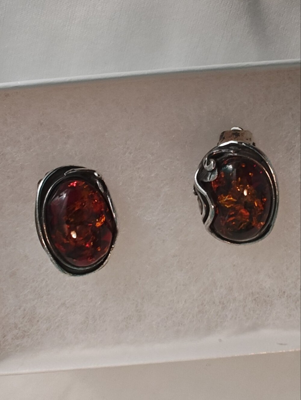 Sterling Silver Amber Cabochon Clip-on Earrings - Brown Amber